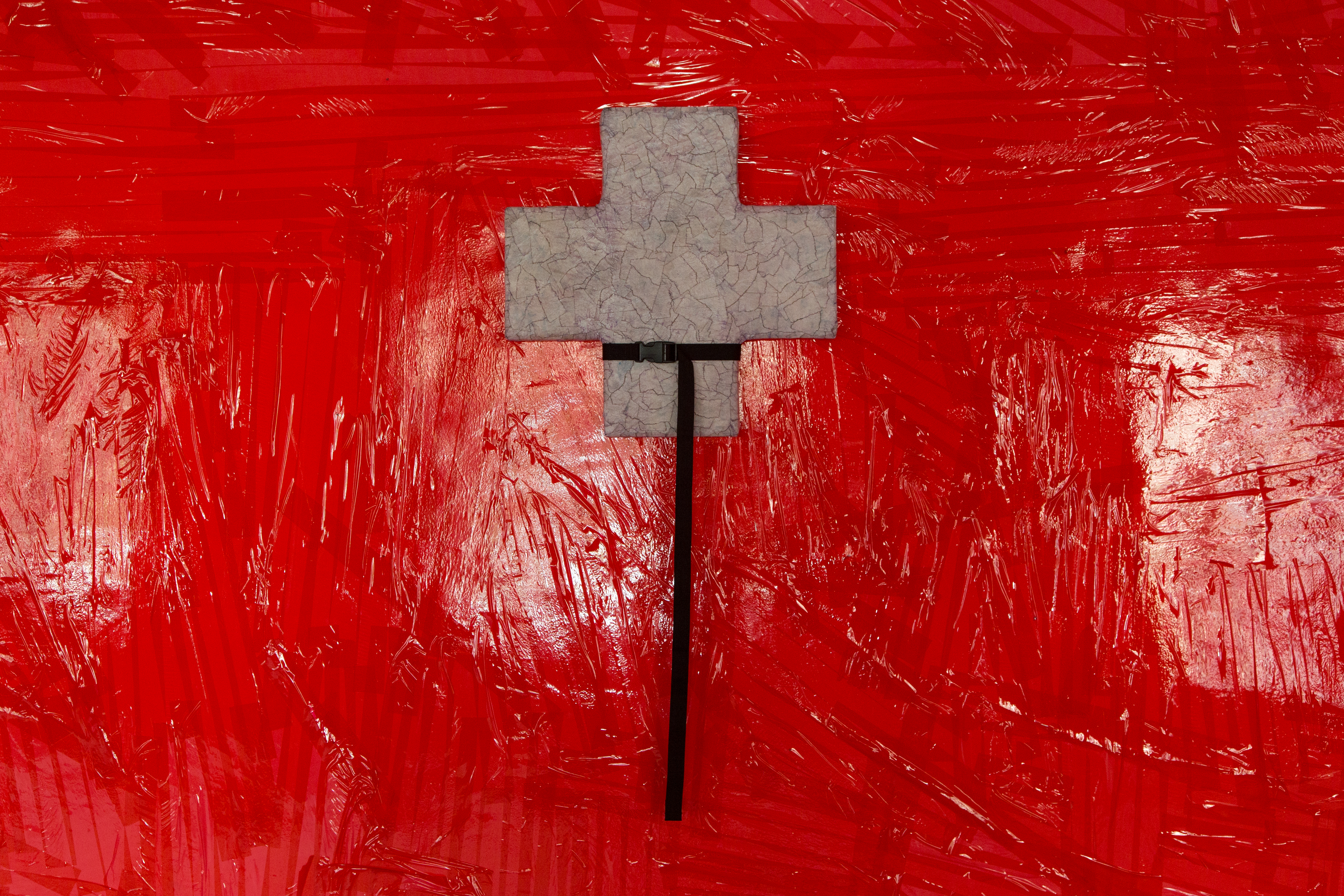 Vitaly Bezpalov, Death (not something to be worried about in real life) II, 2019 scotch tape, coca cola, acrylic paint, varnish, foam board, strap.